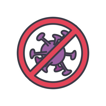 forbidden sign with covid 19 symbol icon over white background, flat style, vector illustrationのイラスト素材