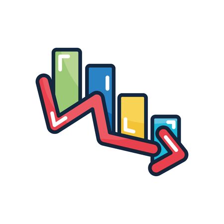 financial broke concept, graphic bar chart with financial arrow down icon over white background, line color style, vector illustrationのイラスト素材