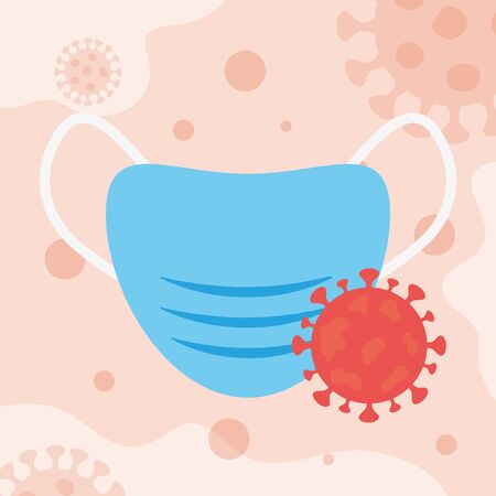 stop covid 19 concept, mouth mask and coronavirus symbol icon over orange background, colorful design, vector illustrationのイラスト素材