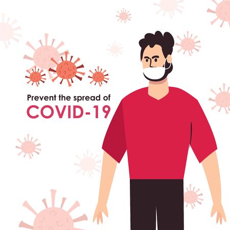 prevention the covid19 post with cartoon man with mouthmask over coronavirus white background, vector illustrationのイラスト素材
