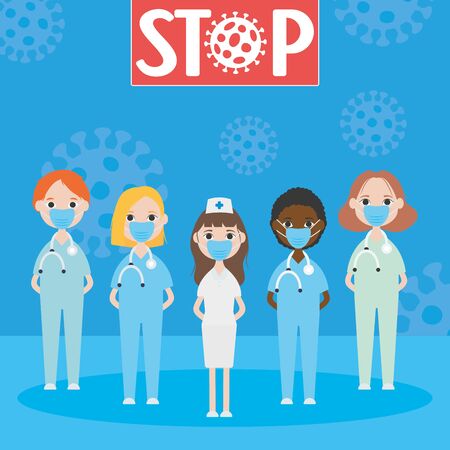 stop covid 19 concept, cartoon doctors standing with mouth masks over blue background, colorful design, vector illustrationのイラスト素材