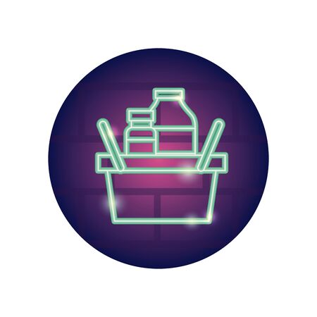 basket with food products icon over white background, neon style, vector illustrationのイラスト素材