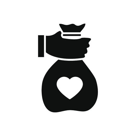 humanitarian aid concept, hand holding a charity bag icon over white background, silhouette style, vector illustrationのイラスト素材