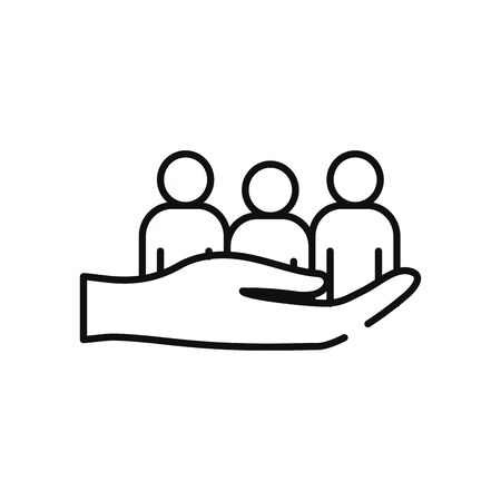 charity aids concept, hand with pictogram people icon over white background, line style, vector illustrationのイラスト素材