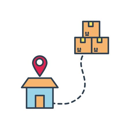 fast delivery concept, house with location pin and package boxes icon over white background, line and fill style, vector illustrationのイラスト素材