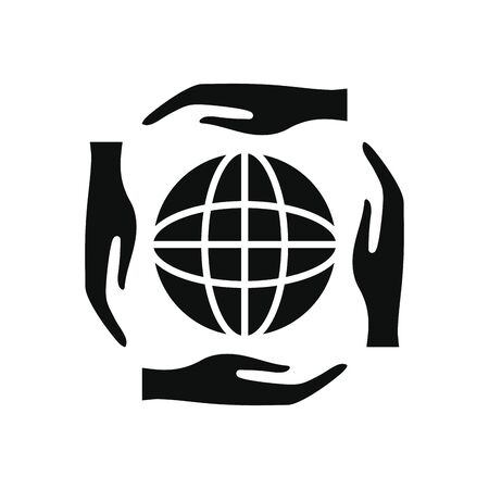 global sphere and hands around icon over white background, silhouette style, vector illustrationのイラスト素材