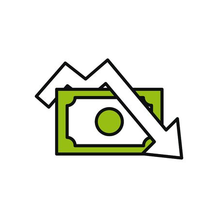 money bill and descending arrow icon over white background, half line half color style, vector illustrationのイラスト素材