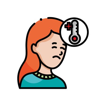 cartoon woman with fever icon over white background, line color style, vector illustrationのイラスト素材