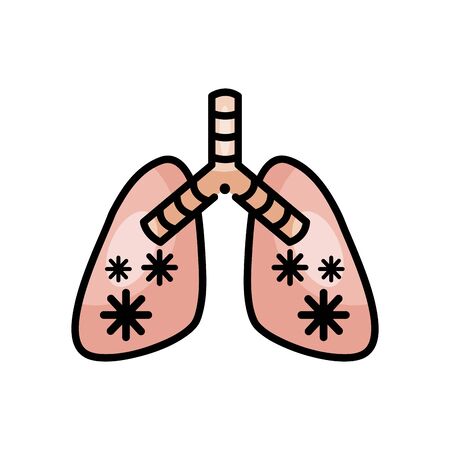 diseased lungs with covid 19 virus over white background, line color style, vector illustrationのイラスト素材