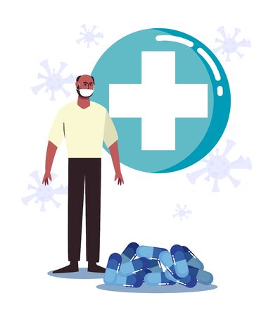 Man with mask cross button and pills design of Covid 19 virus 2019 ncov cov coronavirus infection corona epidemic disease symptoms and medical theme Vector illustrationのイラスト素材