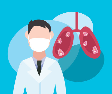 Man doctor with mask and Covid 19 virus inside lungs design of 2019 ncov cov coronavirus infection corona epidemic disease symptoms and medical theme Vector illustrationのイラスト素材