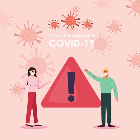 Woman man with mask alarm and covid 19 virus design of 2019 ncov cov coronavirus infection corona epidemic disease symptoms and medical theme Vector illustrationのイラスト素材