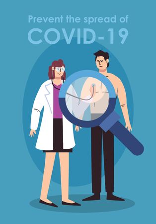 Woman doctor patient man lupe and covid 19 virus design of 2019 ncov cov coronavirus infection corona epidemic disease symptoms and medical theme Vector illustrationのイラスト素材