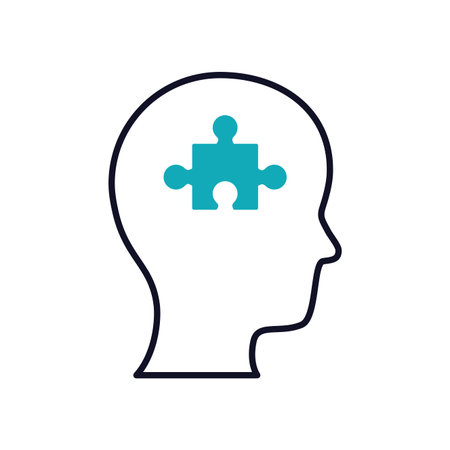 Mental health concept, jigsaw piece inside human head icon over white background, half line half color style, vector illustrationのイラスト素材