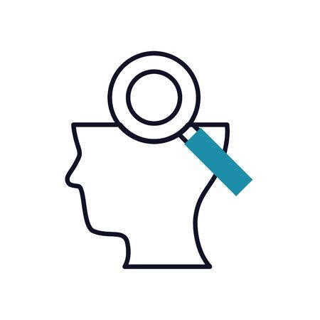 Mental health concept, magnifying glass and head icon over white background, half line half color style, vector illustrationのイラスト素材