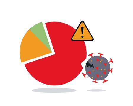 graphic pie chart with warning sign and covid 19 symbol over white background, colorful design, vector illustrationのイラスト素材
