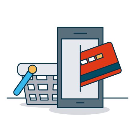 shopping online concept, smartphone with credit card and shooping basket over white background, colorful design, vector illustrationのイラスト素材