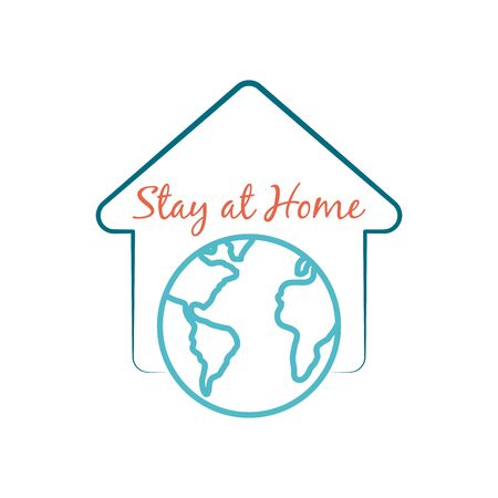 Stay home concept, house and earth planet with Lettering typography, Hand letter colorful design over white background, vector illustrationのイラスト素材