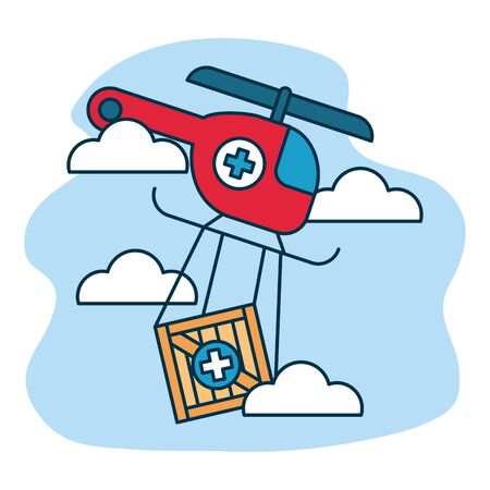 ambulance helicopter with medical aids box over white background, colorful design, vector illustrationのイラスト素材