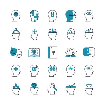books and mental health icon set over white background, half line half color style, vector illustrationのイラスト素材