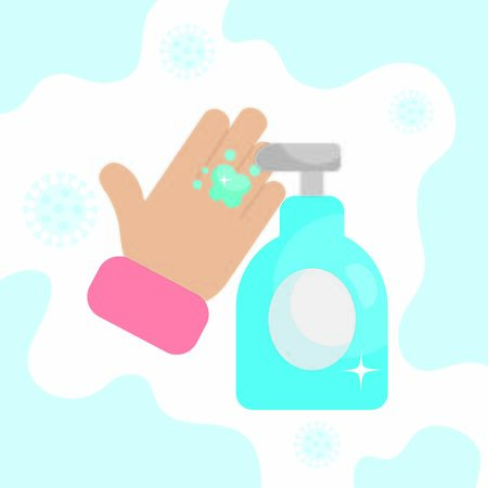 hand with antibacterial gel bottle icon over white background, colorful design, vector illustrationのイラスト素材
