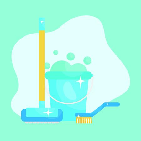 bucket with soapy water and cleaning brush and broom over blue background, colorful design, vector illustrationのイラスト素材
