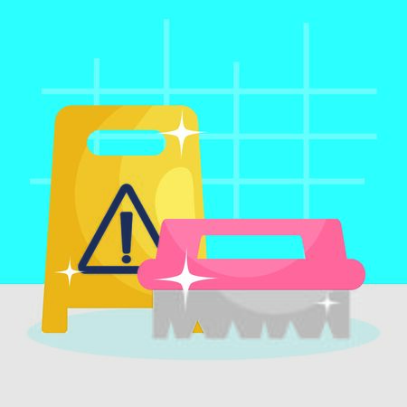floor sign and cleaning brush icon over blue background, colorful design, vector illustrationのイラスト素材