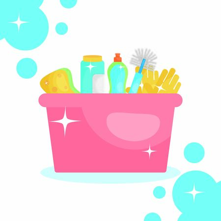 bucket with cleaning products and tools over white background, colorful design, vector illustrationのイラスト素材