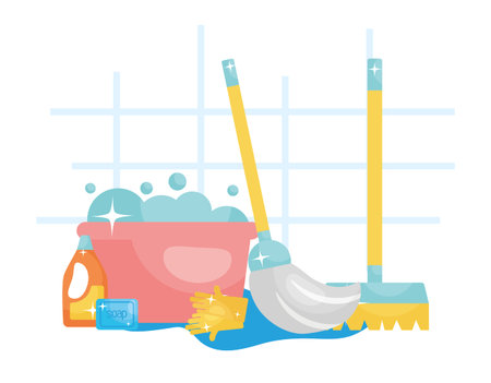 bucket with soapy water and cleaning tools over white background, colorful design, vector illustrationのイラスト素材