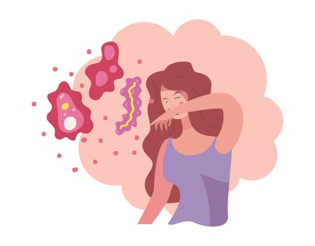 Woman sneezing and coronavirus bacterium design of covid 19 virus 2019 ncov cov infection corona epidemic disease symptoms and medical theme Vector illustrationのイラスト素材