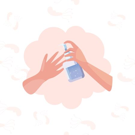 Hands and soap bottle design of covid 19 virus 2019 ncov cov infection corona epidemic disease symptoms and medical theme Vector illustrationのイラスト素材