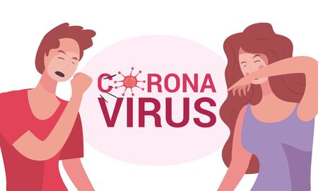 Man coughing woman sneezing and coronavirus bacterium design of covid 19 virus 2019 ncov cov infection corona epidemic disease symptoms and medical theme Vector illustrationのイラスト素材