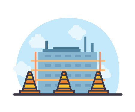 Cones and city building design of Construction working maintenance workshop repairing progress labor and industrial theme Vector illustrationのイラスト素材