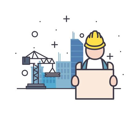 Constructer man with helmet and crane design of Construction working maintenance workshop repairing progress labor and industrial theme Vector illustrationのイラスト素材