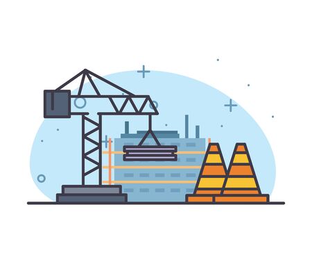 Crane cones and city buildings design of Construction working maintenance workshop repairing progress labor and industrial theme Vector illustrationのイラスト素材