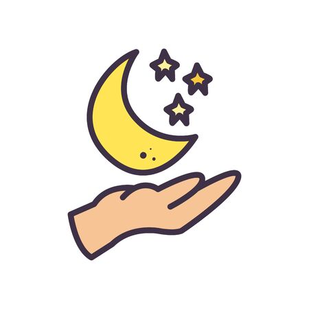 Hand with moon and stars fill style icon of night bedtime sky space moonlight nature light lunar and science theme Vector illustrationのイラスト素材
