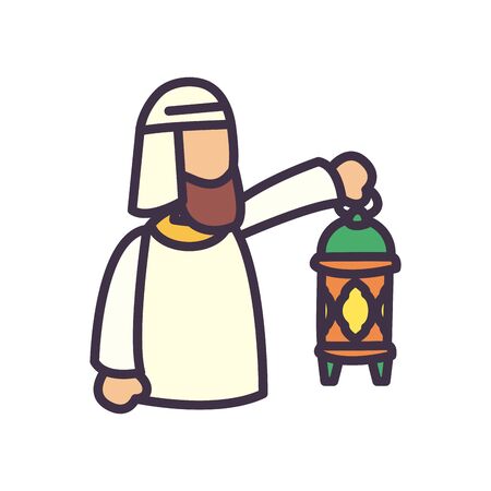 Musilim man with eid mubarak lantern fill style icon design, Islamic religion culture belief religious faith god spiritual meditation and traditional theme Vector illustrationのイラスト素材