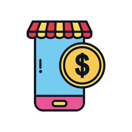 shopping online concept, smartphone with money coin icon over white background, color line style, vector illustrationのイラスト素材
