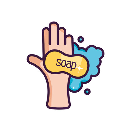 hand washing with soap bar icon over white background, line color style, vector illustrationのイラスト素材