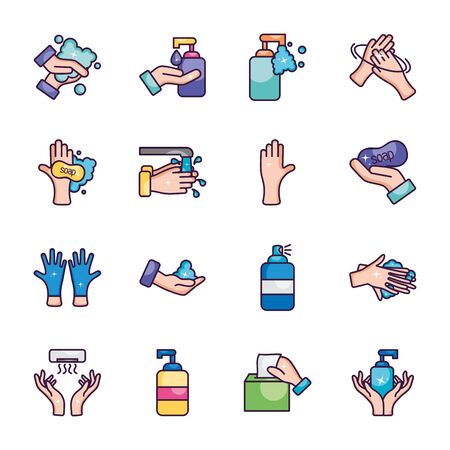 antibacterial bottles and hand hygiene icon set over white background, line color style, vector illustrationのイラスト素材