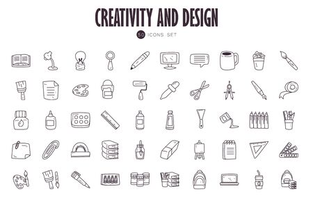 50 line style icon set, Creativity design art tool instrument school education and work theme Vector illustrationのイラスト素材