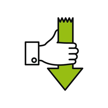 hand holding a arrow with down direction over white background, half line half color style, vector illustrationのイラスト素材