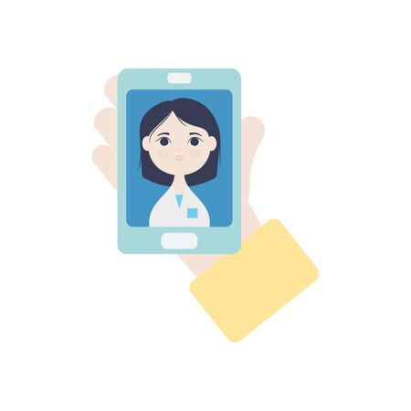 hand holding a smartphone with doctor online on screen over white background, flat style, vector illustrationのイラスト素材
