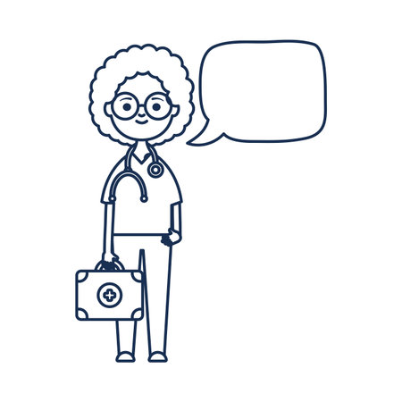 doctor young woman holding a first aid kit box and speech bubble over white background, line style, vector illustrationのイラスト素材