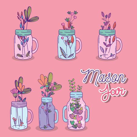 Mason jar with flowers and leaves set design, Retro vintage decoration canning party old bouquet and cute theme Vector illustrationのイラスト素材