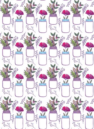 Mason jars with flowers and leaves background design, Retro vintage decoration canning party old bouquet and cute theme Vector illustrationのイラスト素材