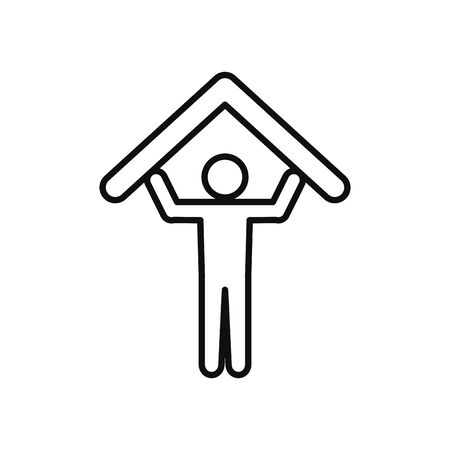 stay home concept, pictogram man holding a house roof icon over white background, line style, vector illustrationのイラスト素材