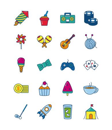 guitar and gambling icon set over white background, line and fill style, vector illustrationの写真素材