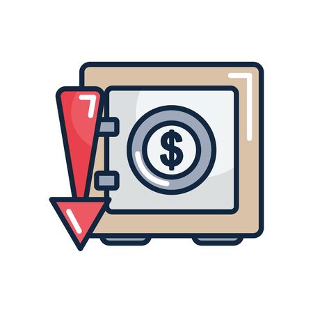 economic recession concept, strongbox and arrow down icon over white background, line color style, vector illustrationの写真素材