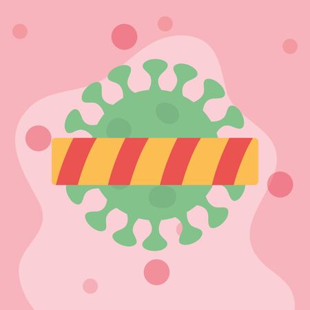 stop covid 19 concept, coronavirus symbol with danger tape icon over red background, colorful design, vector illustrationの写真素材